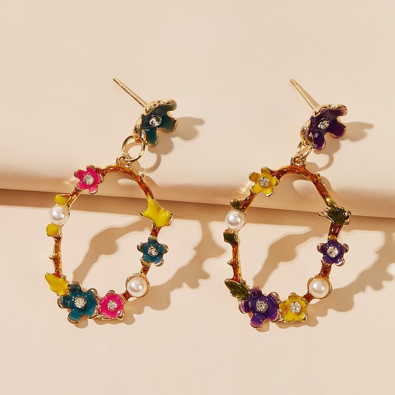 

1pair Flower Decor Hoop Drop Earrings, Multicolor