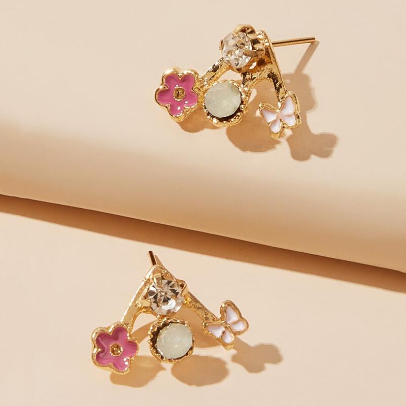 

1pair Rhinestone Engraved Floral Ear Jacket, Multicolor