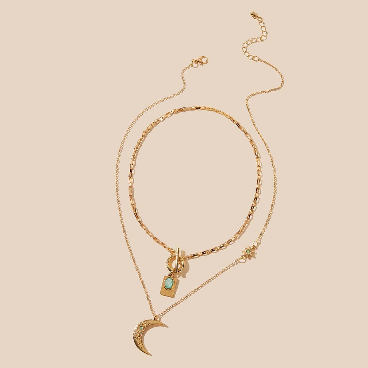 

2pcs Moon & Gemstone Chain Necklace, Gold