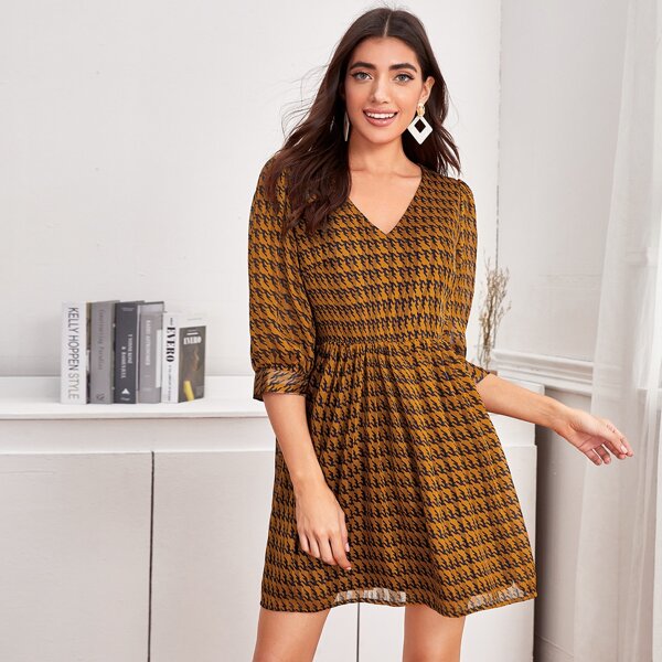 

V-neck Houndstooth Dress, Camel