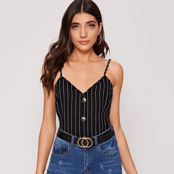 

Button Detail Striped Cami Top, Black