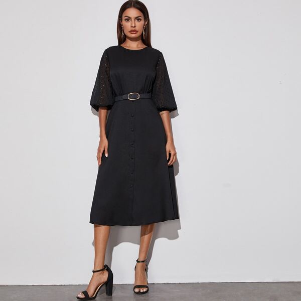 

Lantern Sleeve Sheer Back Button Front Dress Without Belt, Black