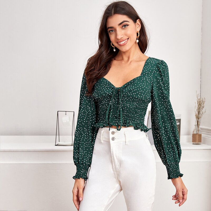 

Tie Front Shirred Polka-dot Print Top, Green