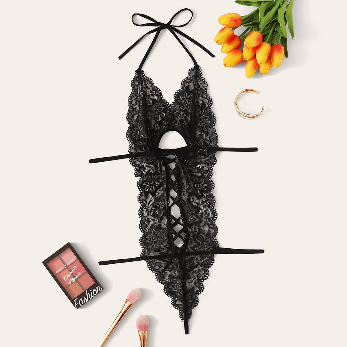

Lace-up Floral Lace Halter Teddy Bodysuit, Black