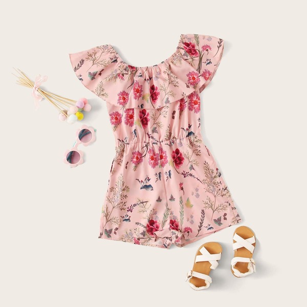 

Girls Botanical Print Flounce Romper, Pink