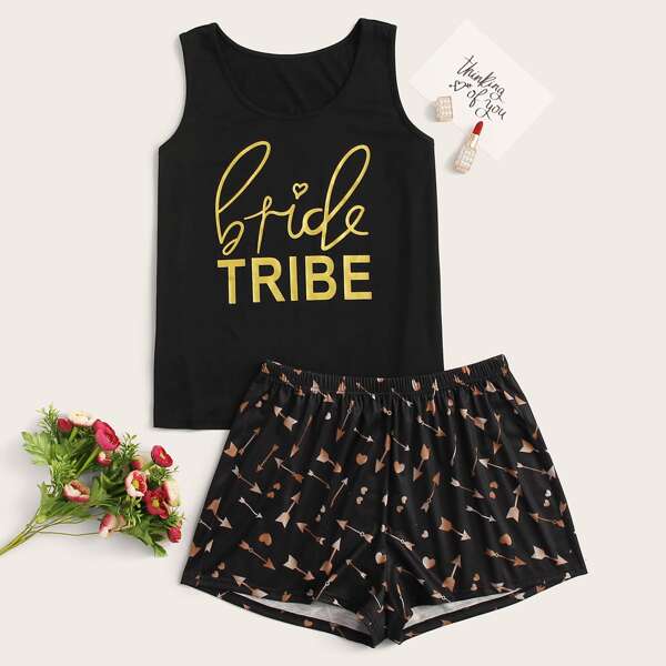 

Plus Heart Letter Graphic Pajama Set, Black