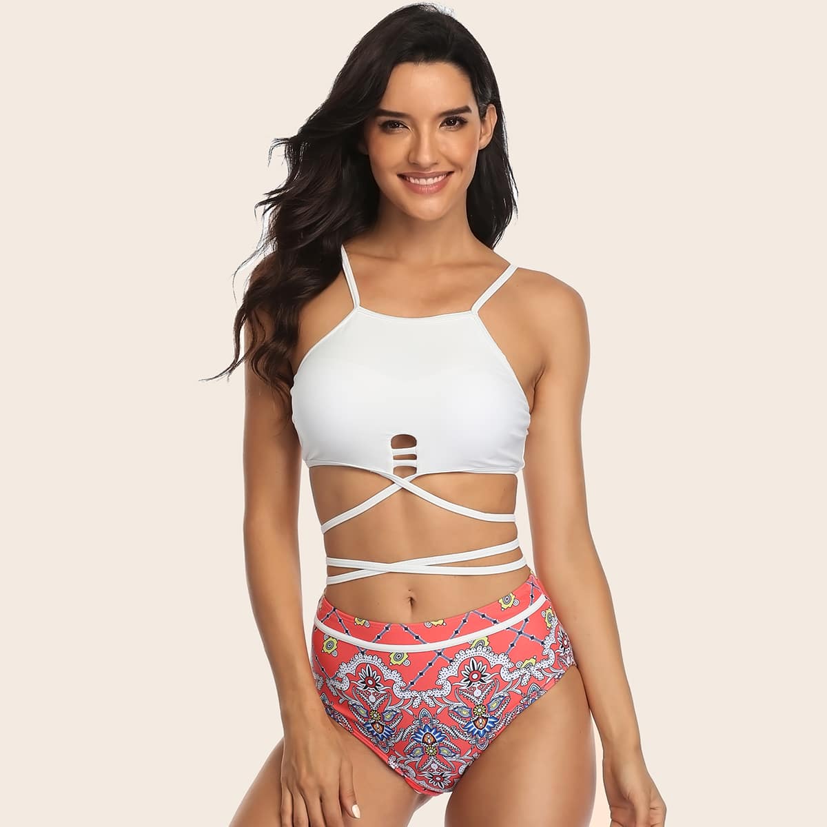 

Tie Back Top With Tribal Random Print High Waisted Bikini, Multicolor