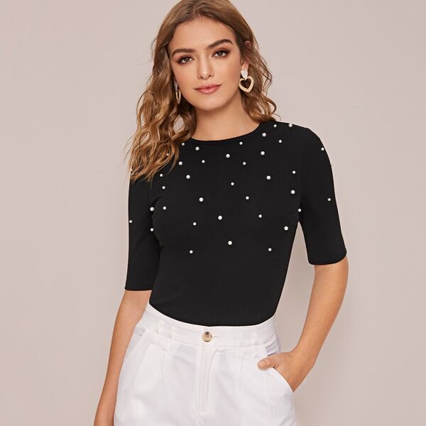 

Pearls Beaded Solid Tee, Black