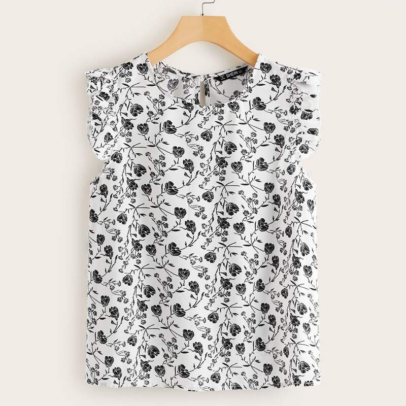

Frill Trim Floral Print Sleeveless Top, Black and white
