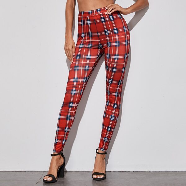 

Plaid Print Leggings, Red