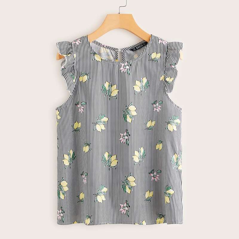 

Frill Trim Lemon Print Striped Top, Black and white