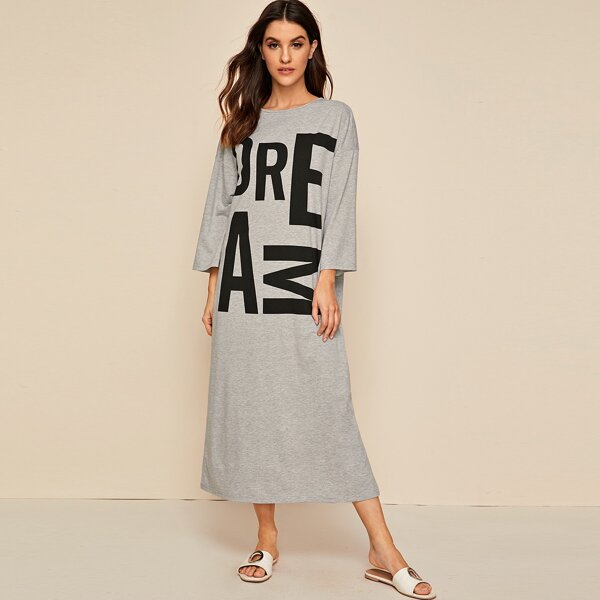 

Drop Shoulder Split Hem Letter Graphic Nightdress, Grey