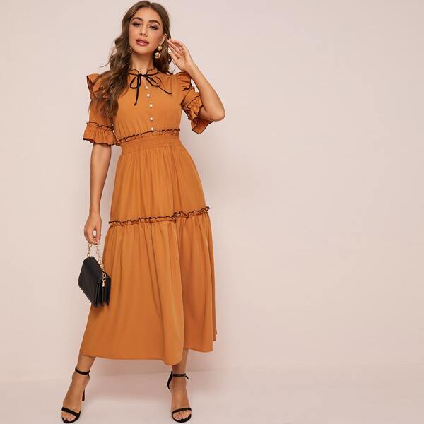 

Frill Lettuce Trim Tie Neck Dress, Yellow