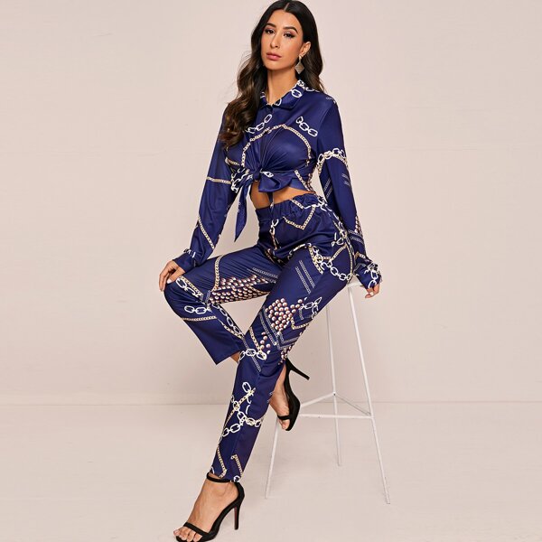 

Chain Print Knot Hem Blouse With Pants, Navy blue