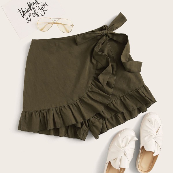 

Tie Side Ruffle Trim Wrap Skort, Army green