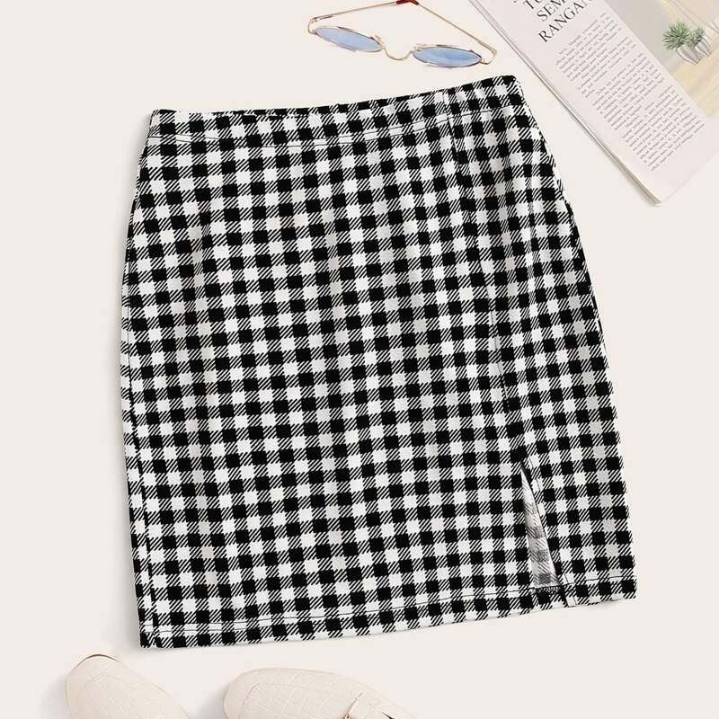 

Buffalo Plaid High-Rise Mini Skirt, Black and white