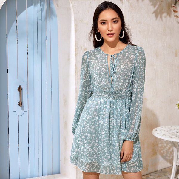 

Tie Front Shirred Waist Ditsy Floral Dress, Blue