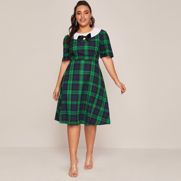 

Plus Tartan Bow Front A-line Dress, Green