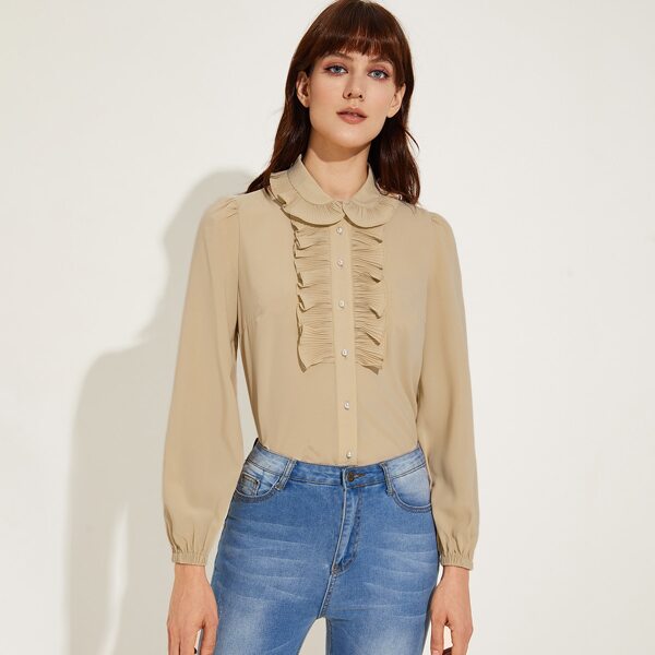 

Pleated Ruffle Trim Button Front Blouse, Khaki