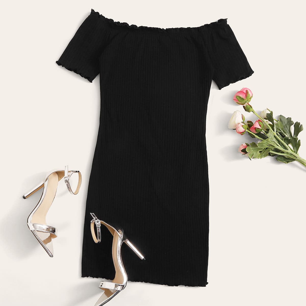 

Lettuce Trim Bardot Dress, Black