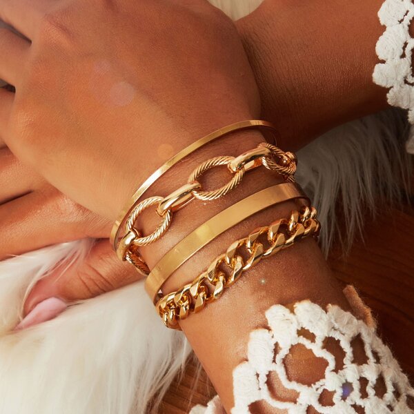 

4pcs Metallic Chain & Bangle, Gold