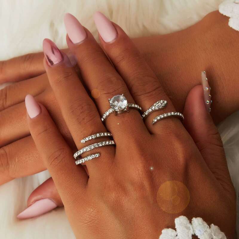 

3pcs Rhinestone Decor Serpentine Decor Ring, Silver