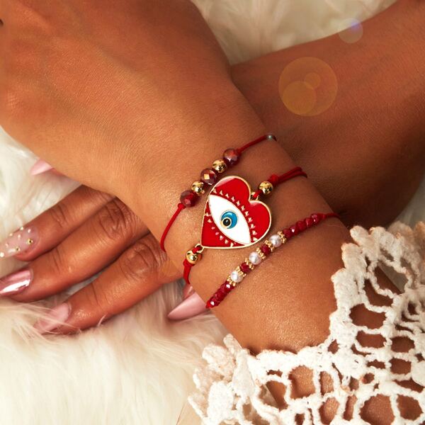 

3pcs Heart & Bead Decor String Bracelet, Red