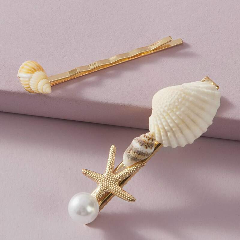 

2pcs Faux Pearl & Shell Decor Hair Clip, Multicolor