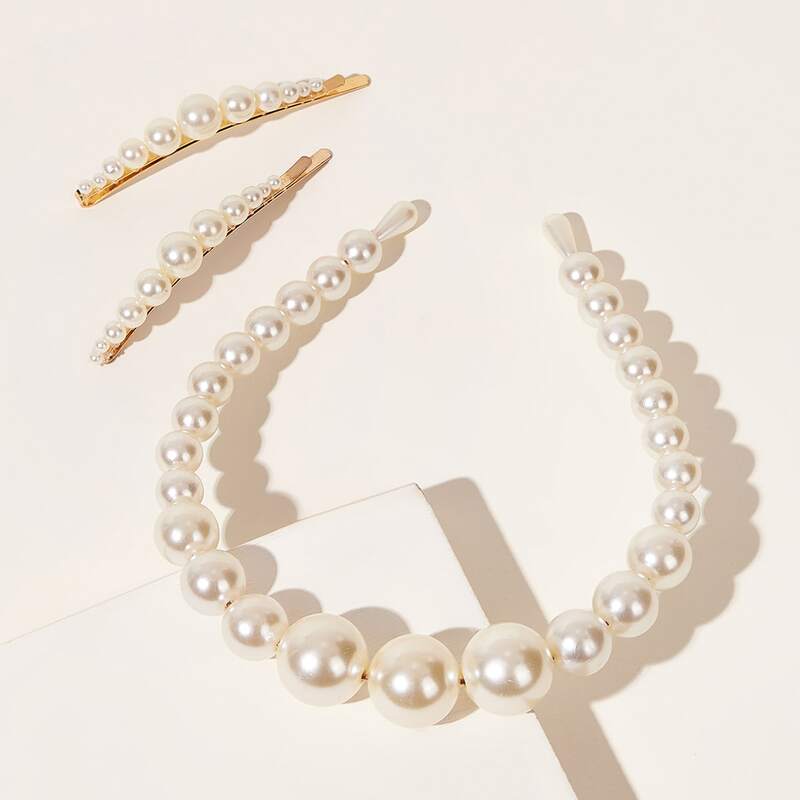 

3pcs Faux Pearl Decor Hair Accessory, White