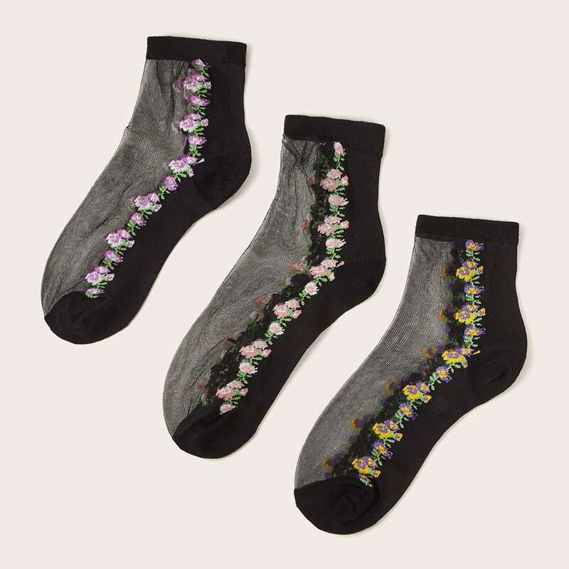 

3pairs Flower Pattern Mesh Socks, Black