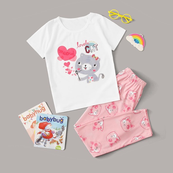 

Girls Heart And Cartoon Cat Print PJ Set, Multicolor