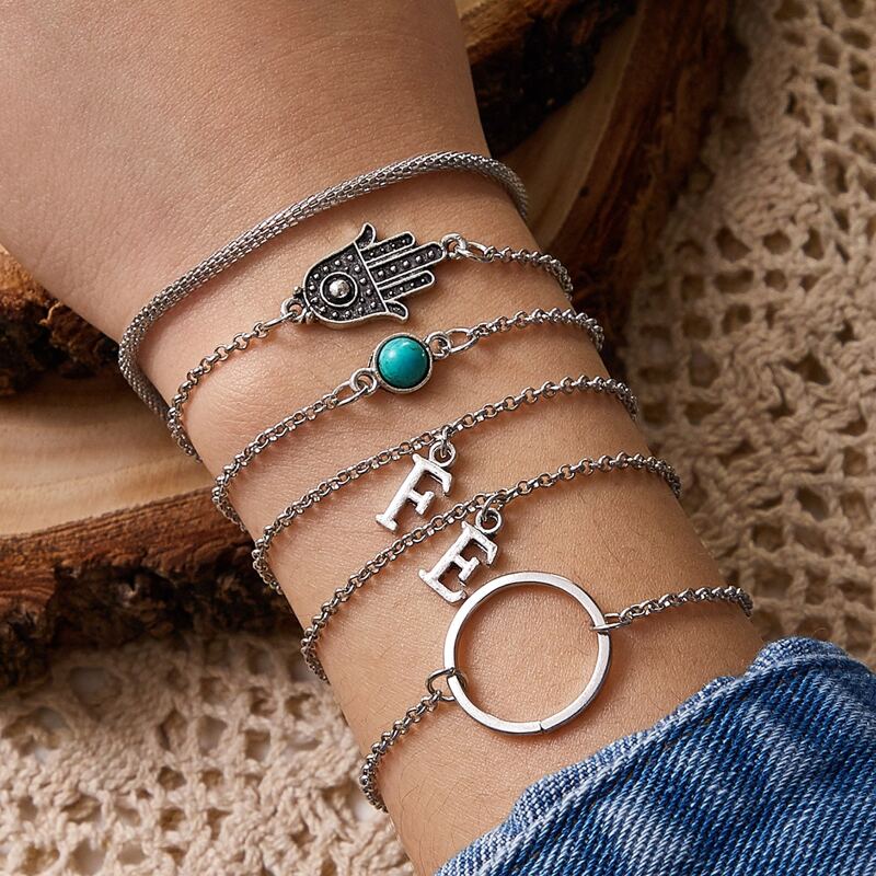 

6pcs Hand & Letter Charm Chain Bracelet, Silver