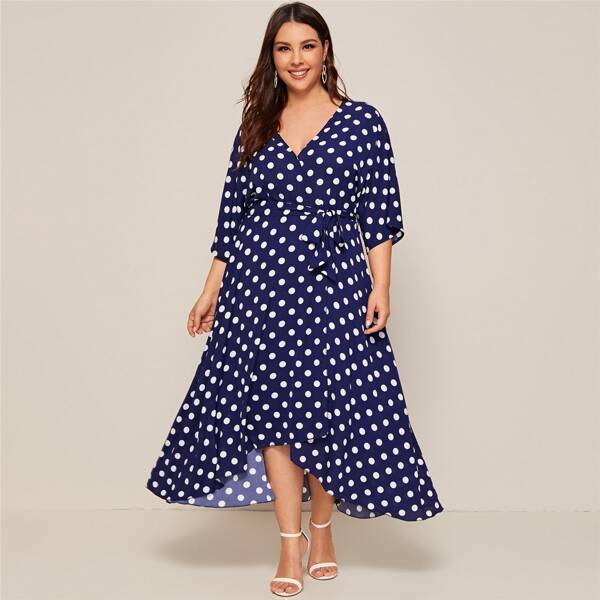 

Plus Polka Dot Asymmetrical Hem Belted Dress, Navy