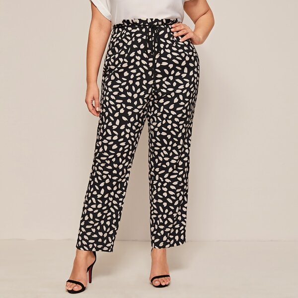 

Plus Graphic Print Zip Back Belted Pants, Black