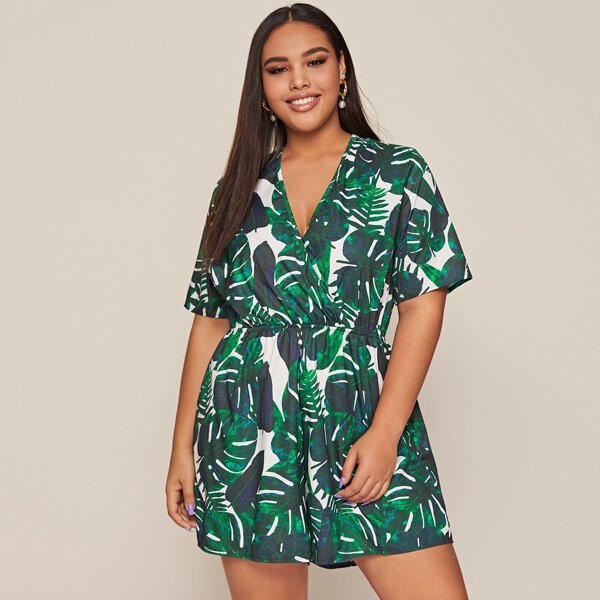 

Plus Tropical Print Surplice Front Romper, Green