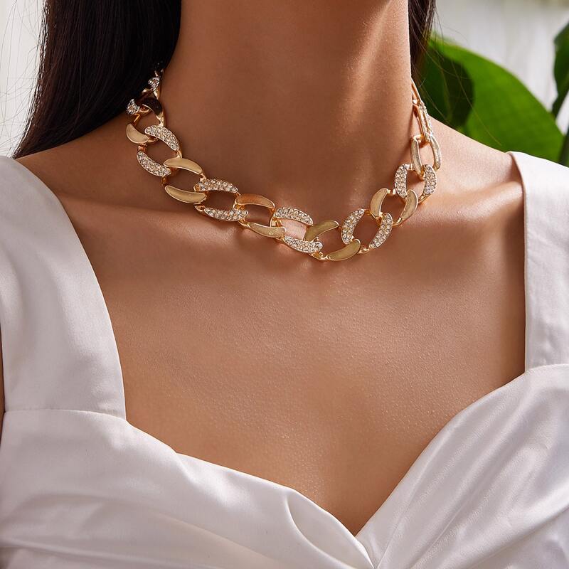 

1pc Rhinestone Decor Chain Necklace, Gold