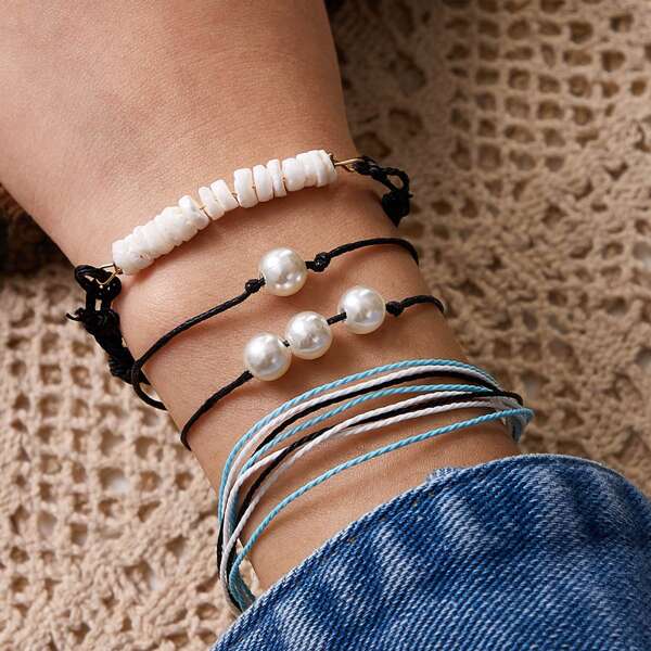 

4pcs Faux Pearl Decor String Bracelet, Multicolor