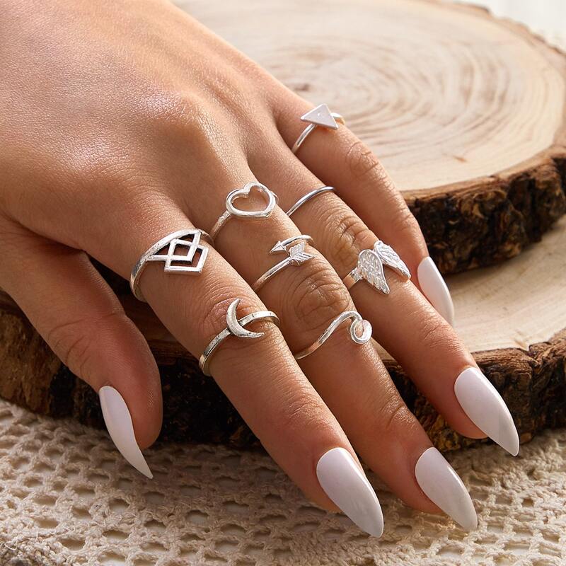 

8pcs Moon & Heart Decor Ring, Silver