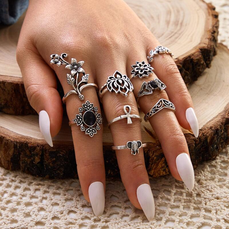 

9pcs Flower & Leaf Decor Ring, Silver