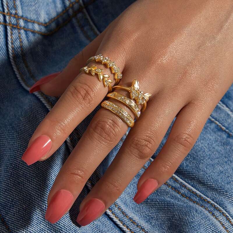 

5pcs Rhinestone Engraved Ring, Gold