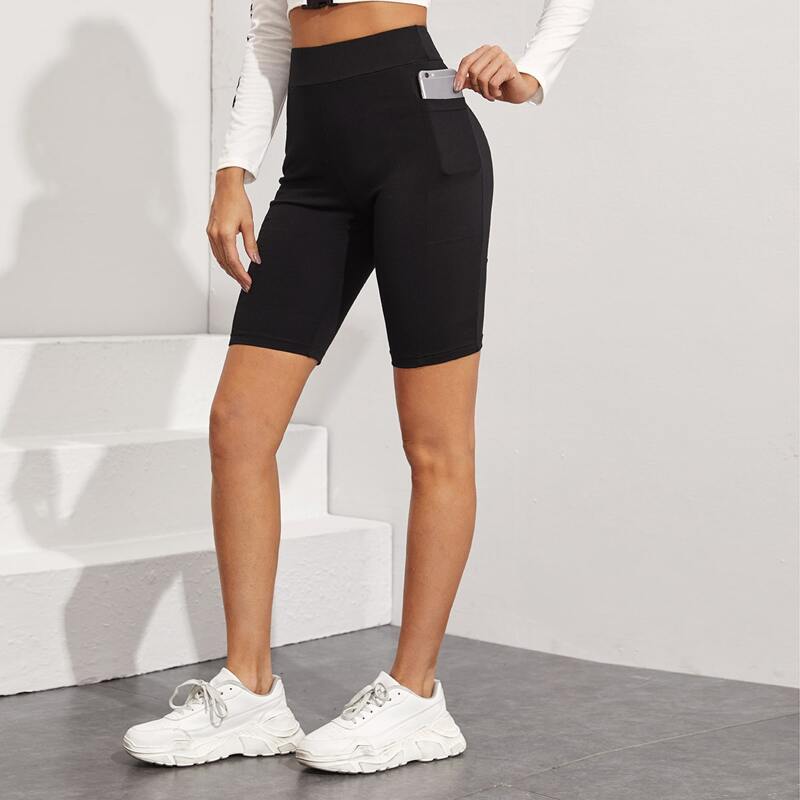 

Wide Waistband Patch Pocket Biker Shorts, Black