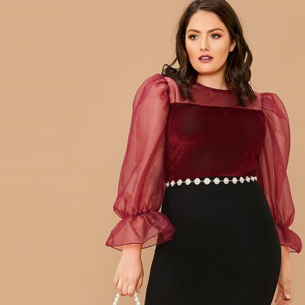 

Plus Sheer Mesh Detail Flounce Sleeve Velvet Top, Burgundy