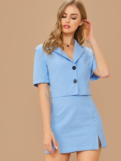 Conjunto camisa con botón delantero de cuello V con falda con abertura M