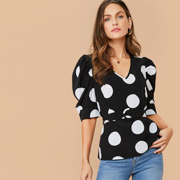 

V-neck Puff Sleeve Belted Polka Dot Top, Black and white