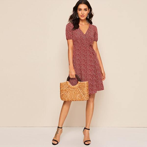 

Allover Plant Print Puff Sleeve Tie Waist Wrap Dress, Burgundy