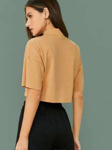 SHEIN EZwear Camiseta unicolor corta de hombros caídos - Camel - Ver 2