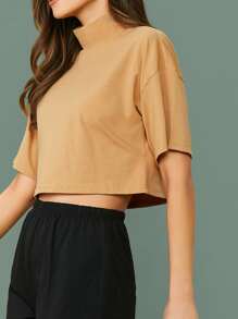 SHEIN EZwear Camiseta unicolor corta de hombros caídos - Camel - Ver 4