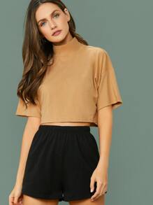 SHEIN EZwear Camiseta unicolor corta de hombros caídos - Camel - Ver 5