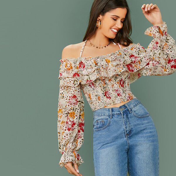 

Tie Back Layered Ruffle Trim Shirred Floral Top, Multicolor