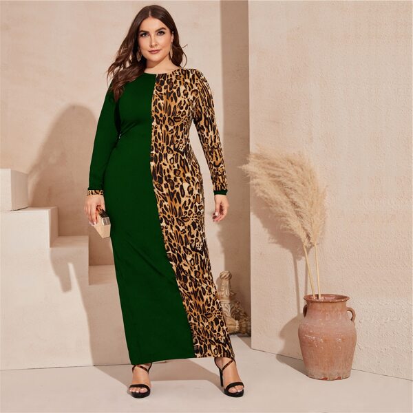 

Plus Split Back Cut-and-sew Leopard Dress, Multicolor